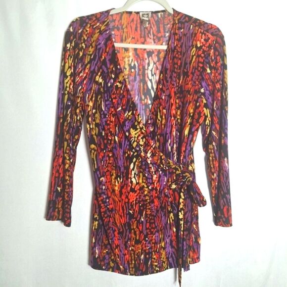 Ann Klein Womens Tunic Blouse Faux Wrap Boho Avante Garde Slinky Sassy Medium - Picture 4 of 12